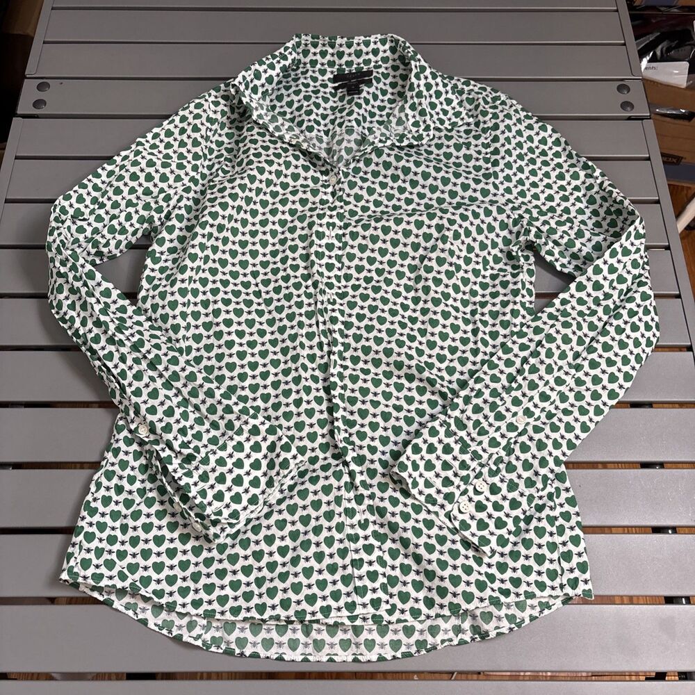 J. Crew Shirt Womens Size 10 Green Heart Fly Multicolor Long Sleeve Button Down - Picture 2 of 9